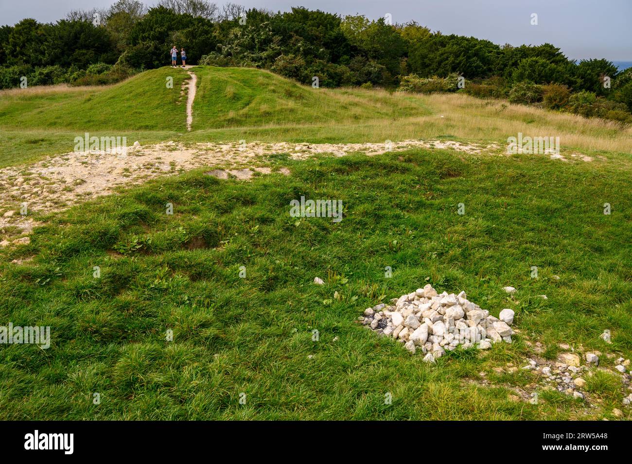 Die Devil's Humps Barrows (Grabhügel) stammen aus der Bronzezeit auf dem Bow Hill in South Downs, West Sussex, England. Stockfoto