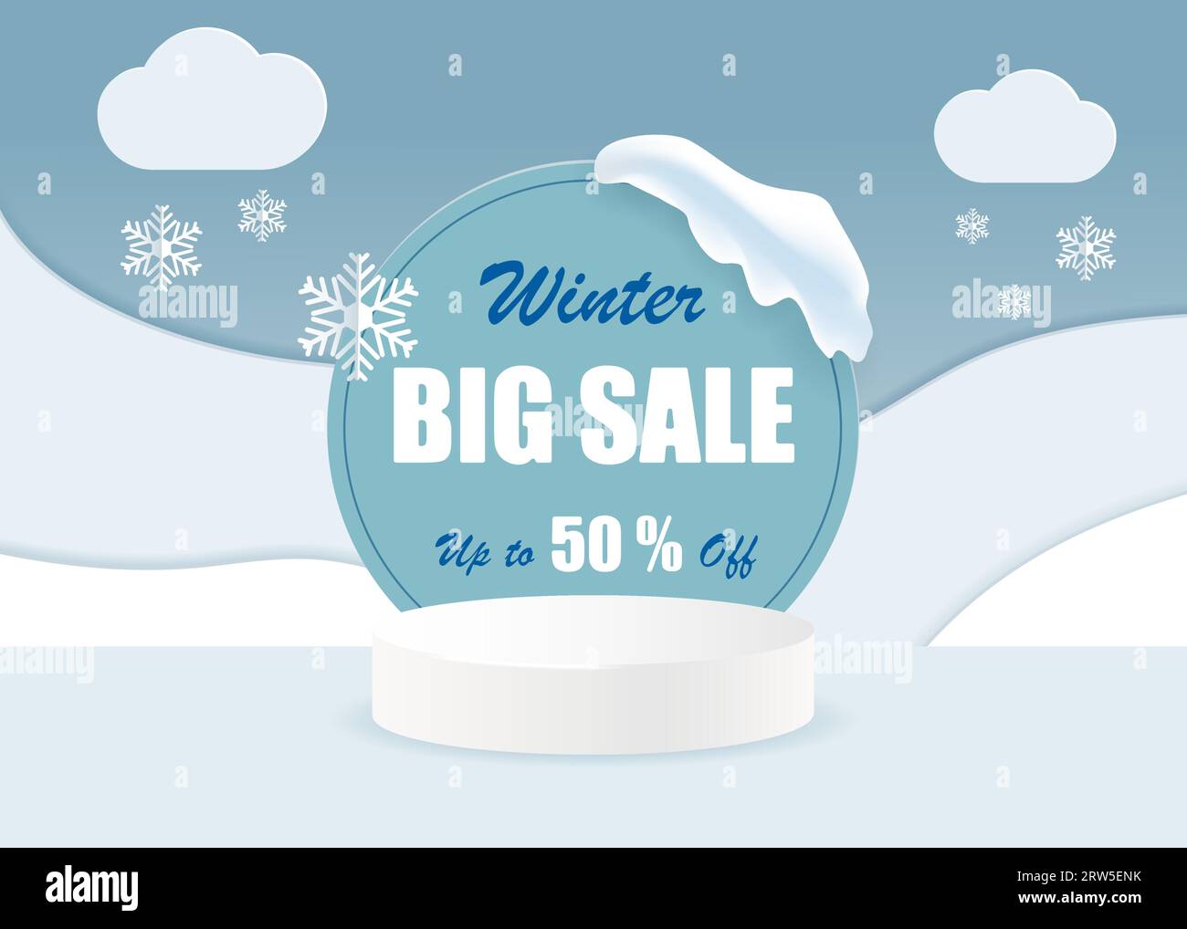 Banner zum Winterangebot mit 3D-Podium. Winterhintergrund mit Schneefall und Wolken im Papierschnitt. Vektor Stock Vektor