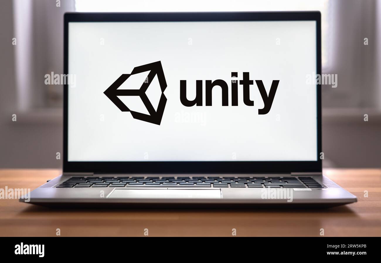 Unity Technologies – ein US-amerikanisches Unternehmen für die Entwicklung von Videospielsoftware, das auf einem Laptop präsentiert wird Stockfoto