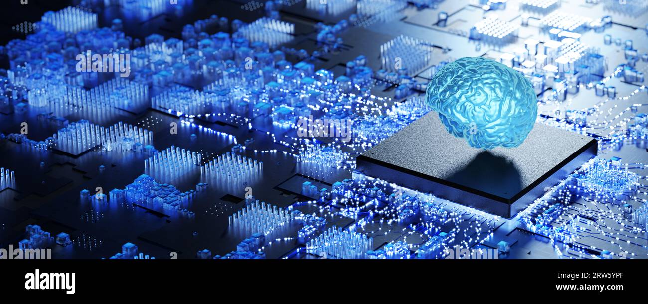 Mikroprozessor mit künstlicher Intelligenz. Ausbildung eines künstlichen neuronalen Netzes. Konzept der künstlichen Intelligenz. Künstliches Intelligenztraining. Stockfoto