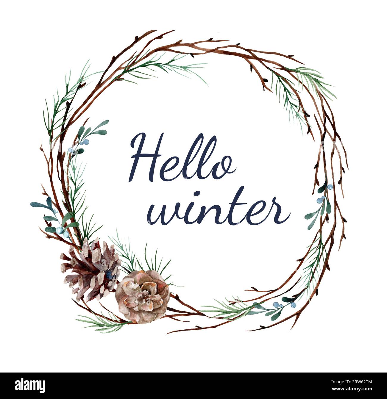 Aquarellrunder Kranz mit Kiefernzweigen und Tannenzapfen isoliert auf weißem Hintergrund. Hallo Winter Stockfoto