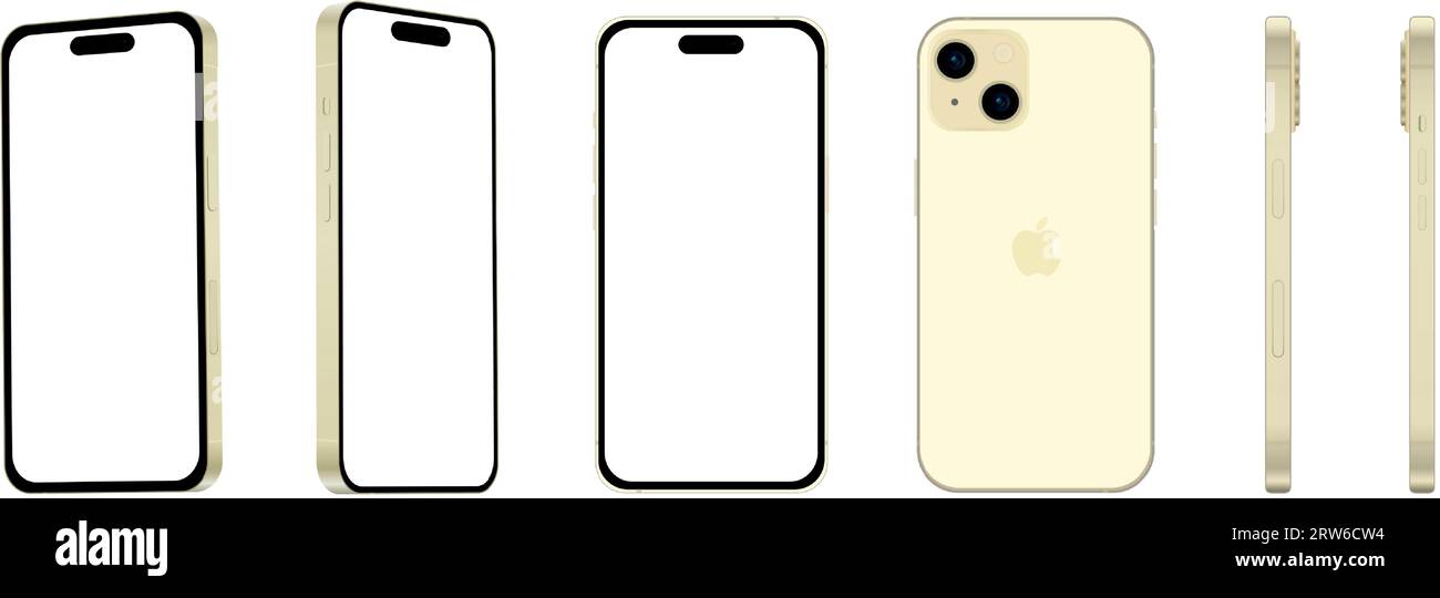 6er-Set aus verschiedenen Blickwinkeln, gelbes Apple iPhone 15 Smartphone, Modell, neues Produkt in der IT-Branche, Modell für Webdesign auf weißem Hintergrund Stock Vektor