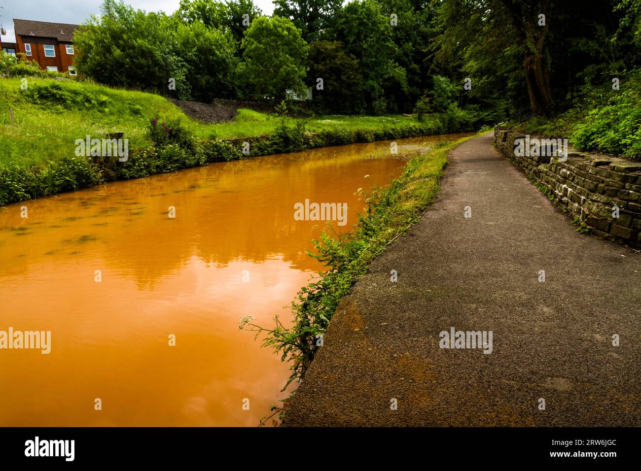 Trent und Mersey Canal, Kidsgrove, Newcastle-under-Lyme. Das Wasser ist orange, denn wenn sich Ton im Harecastle-Tunnel ablagert, sieht man die Landschaft von fr Stockfoto