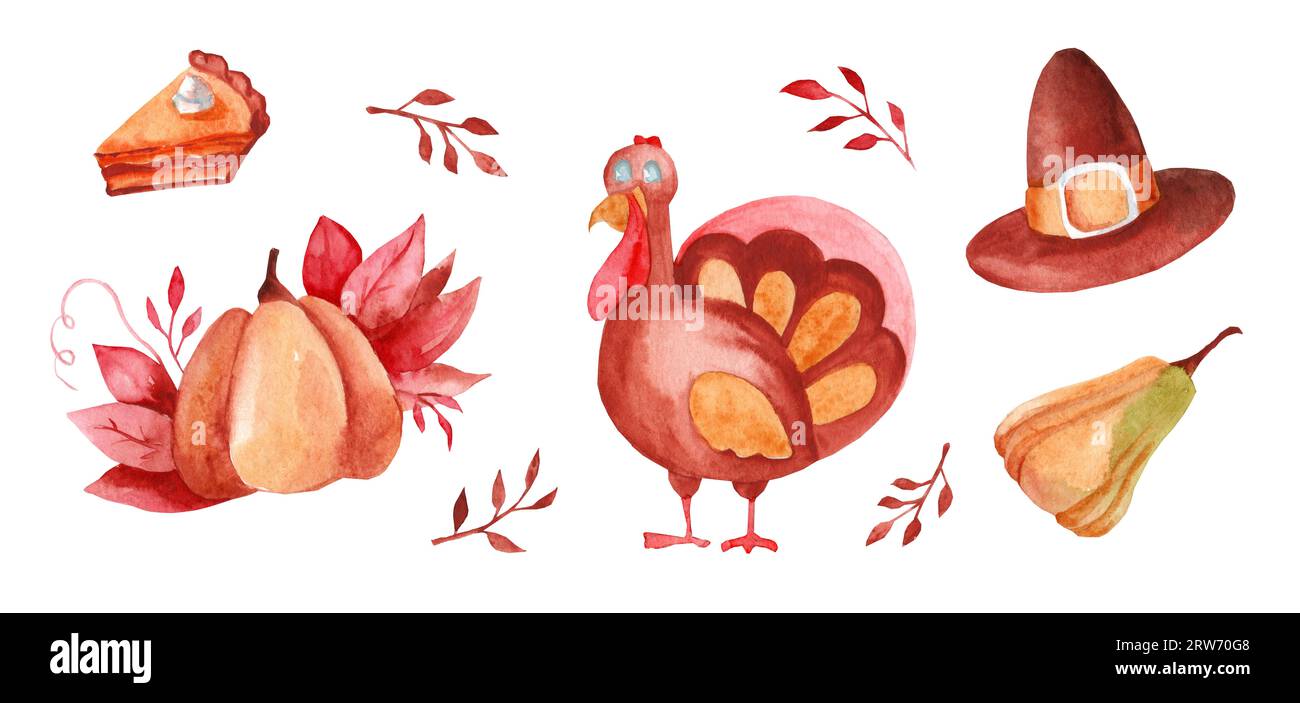 Symbolsatz für den großen Herbst. Kürbis, Kürbiskuchen, truthahn, Hut, Herbstdekoration, Herbstpflanzen und Blätter isoliert auf weißem Hintergrund. Thanksgi Stockfoto
