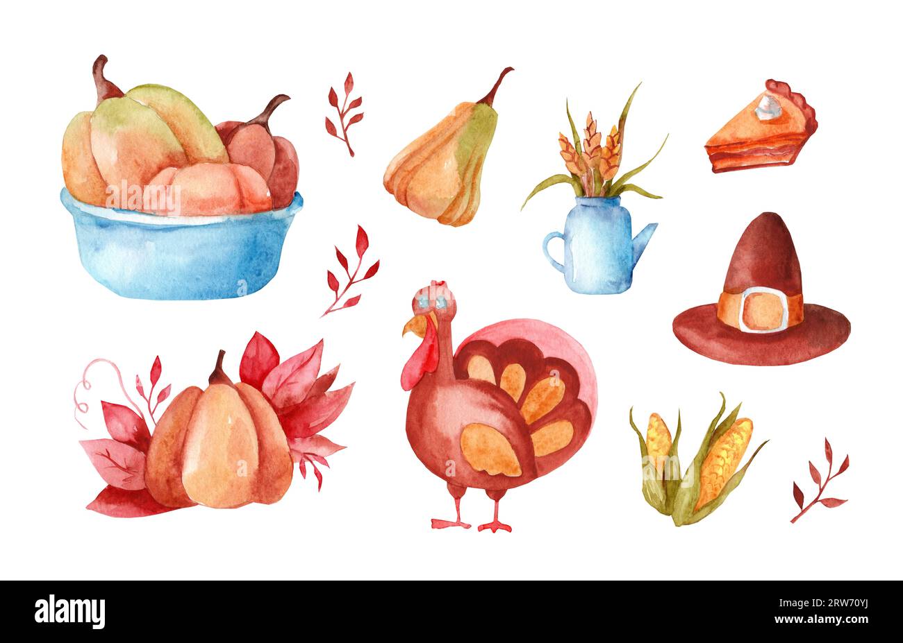 Set mit Aquarellabbildungen. Kürbisse in einer Schüssel, ein Strauß Ohren, Kürbiskuchen, truthahn, Mais, Herbstdekorationen, Herbstpflanzen und Blätter Isolat Stockfoto