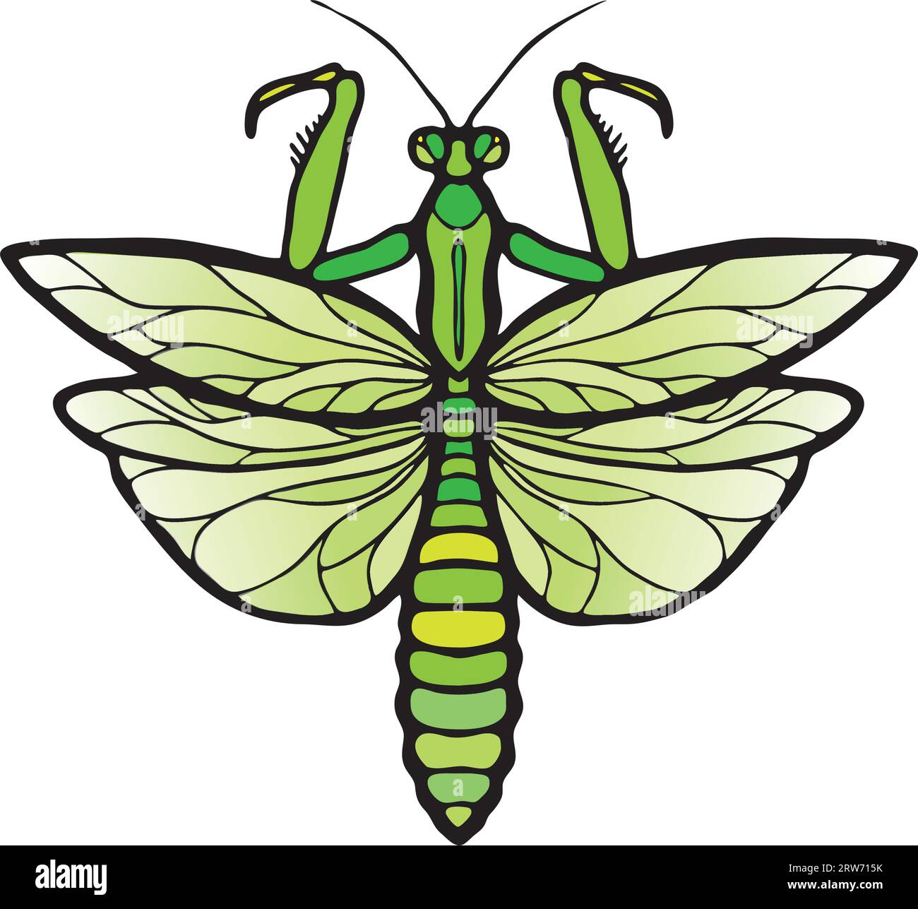 Komplexe, symmetrische, stilisierte Mantis in Grüntönen lässt sich von Jugendstil- und gotischen Glasmalereien inspirieren. Stock Vektor