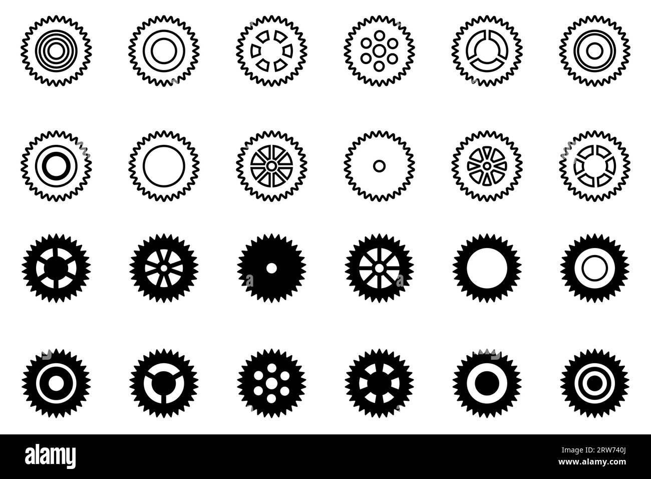 Symbolsatz Gänge. Symbol „Einstellen der Gänge“. Sammlung mechanischer Zahnräder. Weißer Hintergrund. Vektorillustration mit schwarzen Kettenradsymbolen Design el Stock Vektor