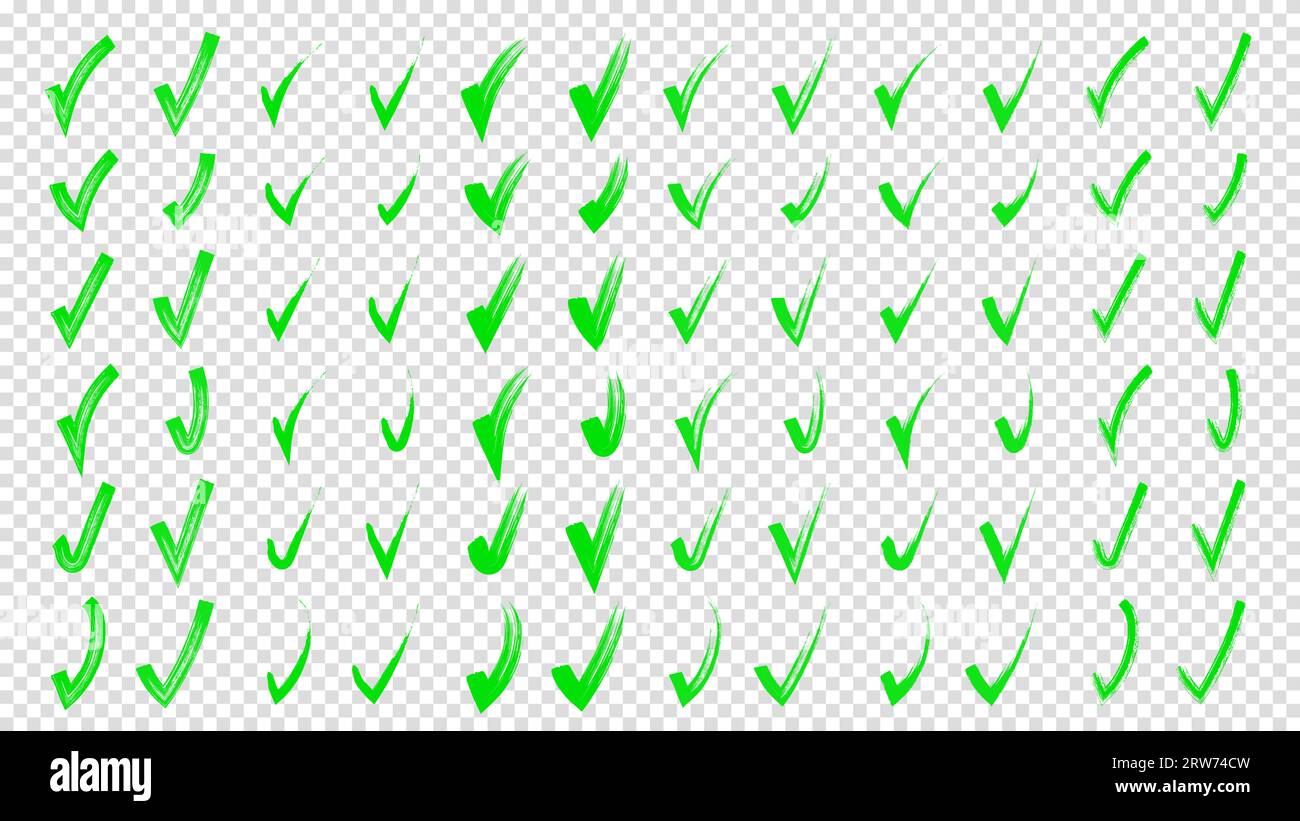 Pinsel Hand gezeichnet gemalte Häkchen Set Sammlung. Ansammlung von Handgewürfelten mit Häkchen. Bleistiftgrüne Kritzelskizzen. Vektorillustration. Stock Vektor