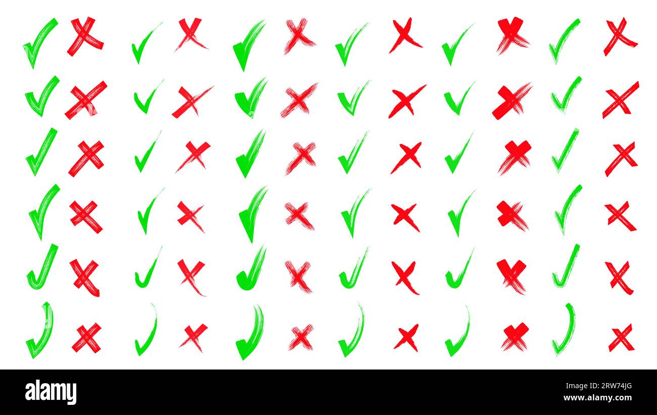 Ja und nein Rote und grüne Form. Von Hand gezogene Kritzelspuren und Kreuze Set-Kollektion. Kritzeleien, Zeichenstifte. Mit Bleistifthand gezeichnete Häkchen A Stock Vektor