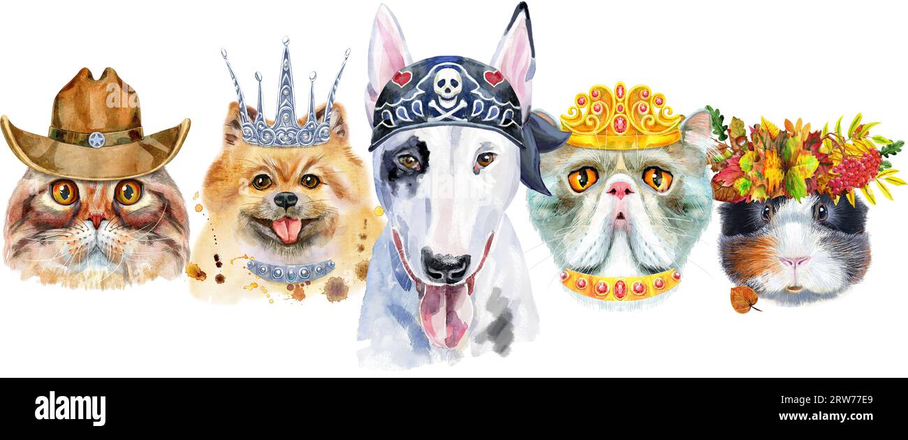 Haustiere an der Grenze. Handbemalte Aquarellzeichnung, isolieren Sie ClipArt auf weißem Hintergrund. Bannerdesign Stockfoto