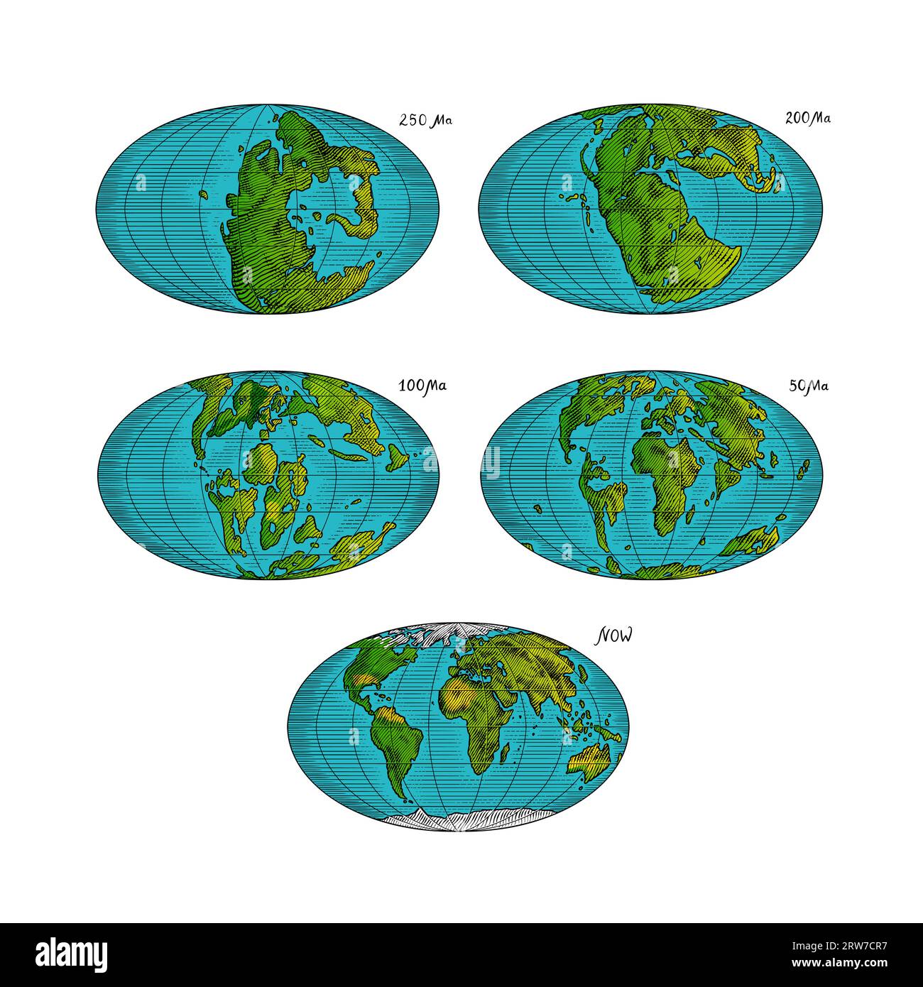 Plattentektonik auf dem Planeten Erde. Pangaea. Kontinentale Drift. Superkontinent bei 250 Ma. Die Ära der Dinosaurier. Jurassezeit. Mesozoisch. Handgezeichnet Stock Vektor