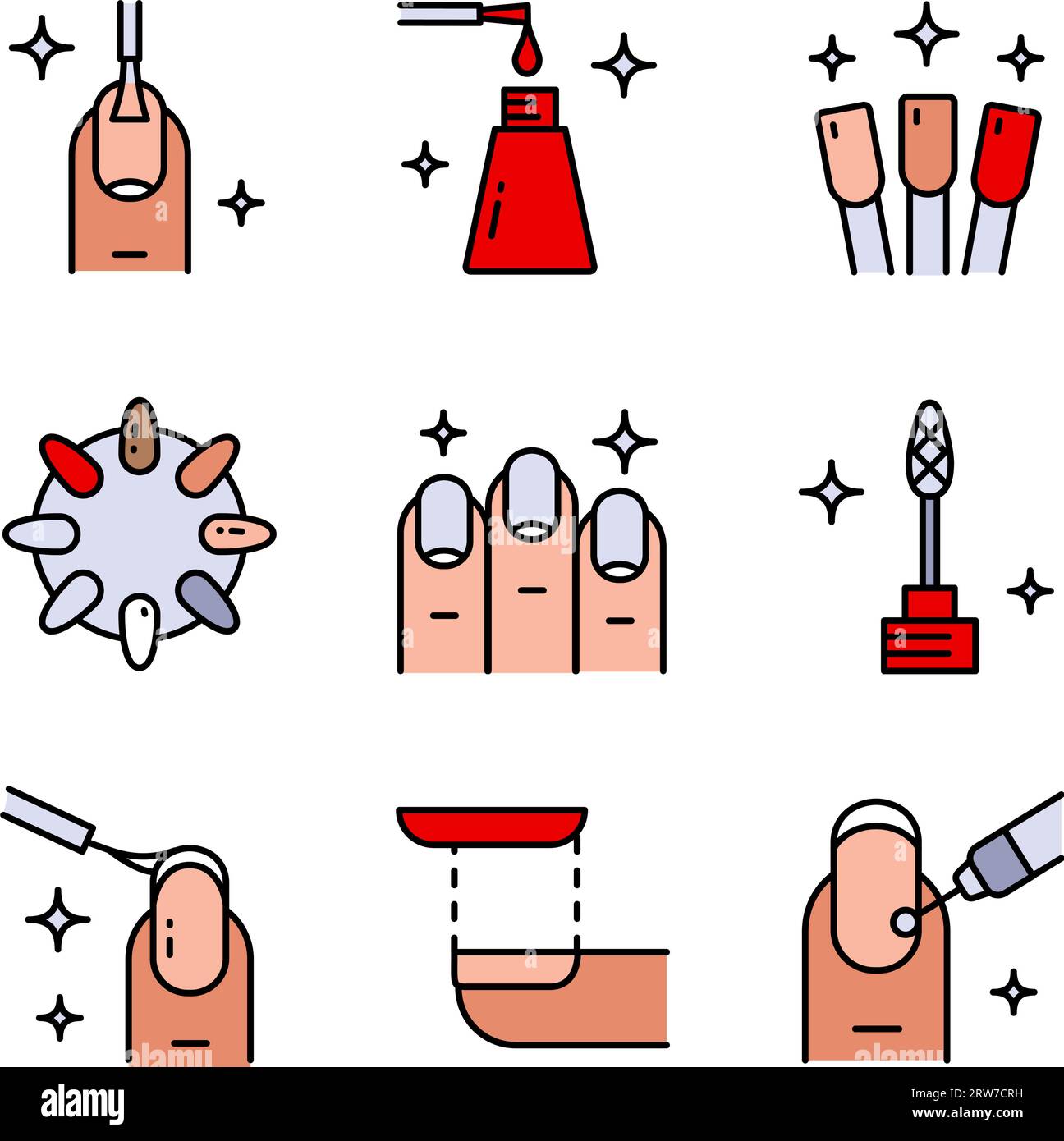 Ausrüstung für Maniküre-Symbole eingestellt. Flacher Satz von Geräten für Maniküre. Farbdarstellung der Maniküre-Werkzeuge. Vektor isoliert auf weißem Hintergrund. Pictogra Stock Vektor