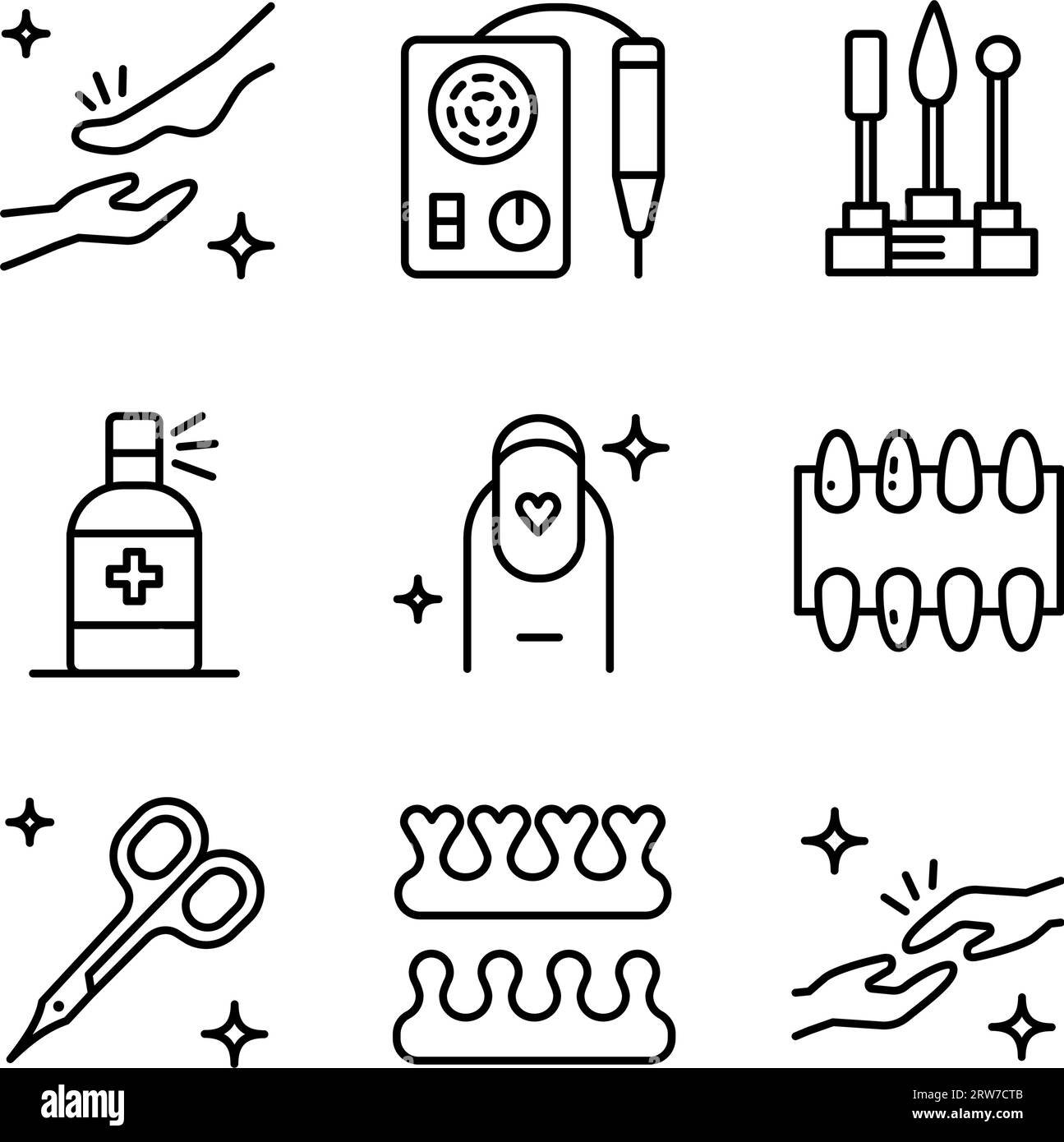 Symbolgruppe für Nailservice-Modellstruktur. Maniküre Gel Pediküre Schilder Sammlung. Frauen-Mode-Vektor-Illustration. Liniensymbole der Nagelleiste. Spa Maniküre. Schönheit s Stock Vektor