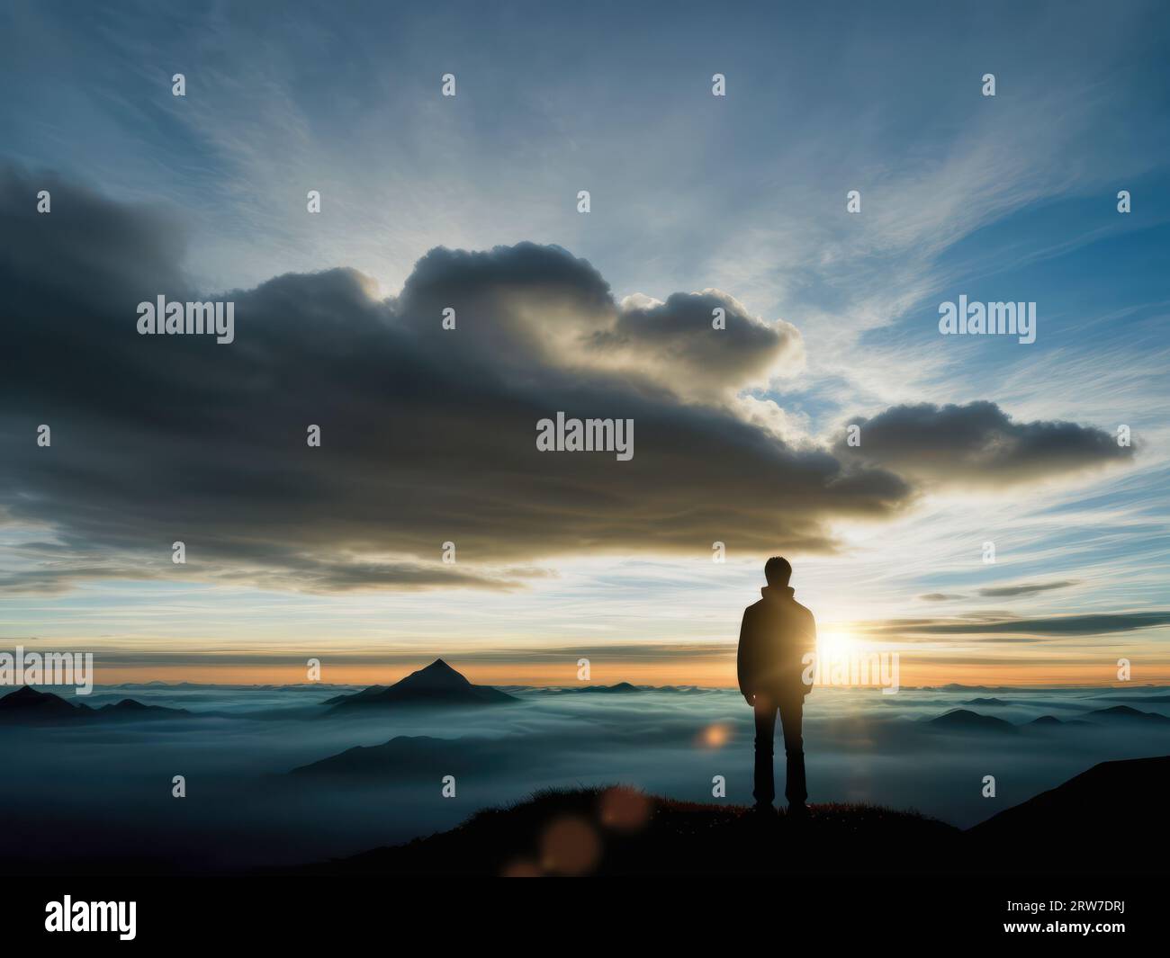 Silhouette eines Mannes, der einen friedlichen Sonnenaufgang in den Bergen genießt, Nebel, der um die Gipfel lauert, Sonne, die zwischen den Wolken brennt Stockfoto