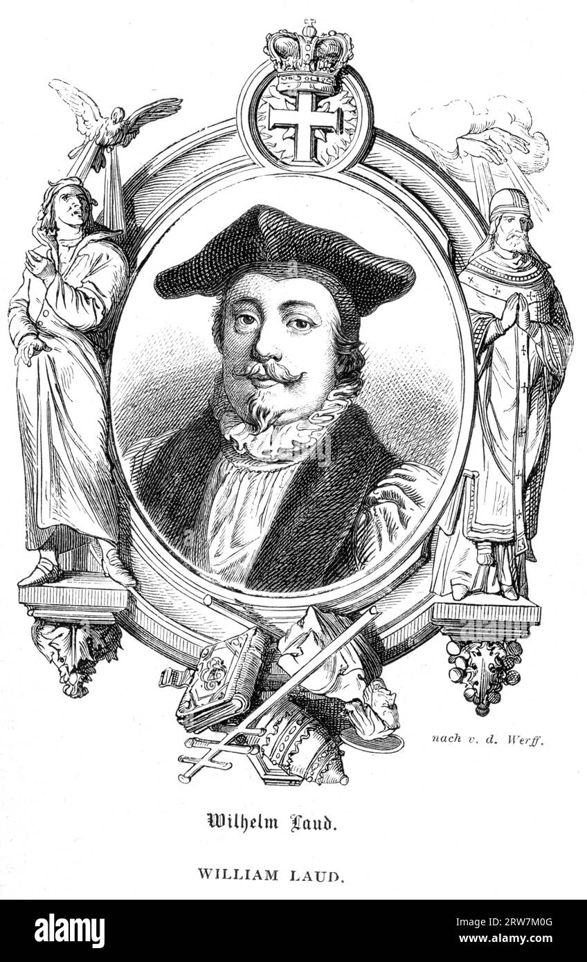 Europa, Großbritannien, London, Wilhelm Laud, Erzbischof von Canterbury, Stahlstich aus ' Geschichte von England ' von Thomas Babington Macaulay , ¸übersetzt von Wilhelm Beseler , Druck und Verlag von George Westermann, Braunschweig, 1863. / Europa, Großbritannien, London, William Laud, Erzbischof von Canterbury, Stahlstich aus der Geschichte Englands von Thomas Babington Macaulay, deutsche Übersetzung von Wilhelm Beseler, Verlag George Westermann, Braunschweig, 1863. Stockfoto