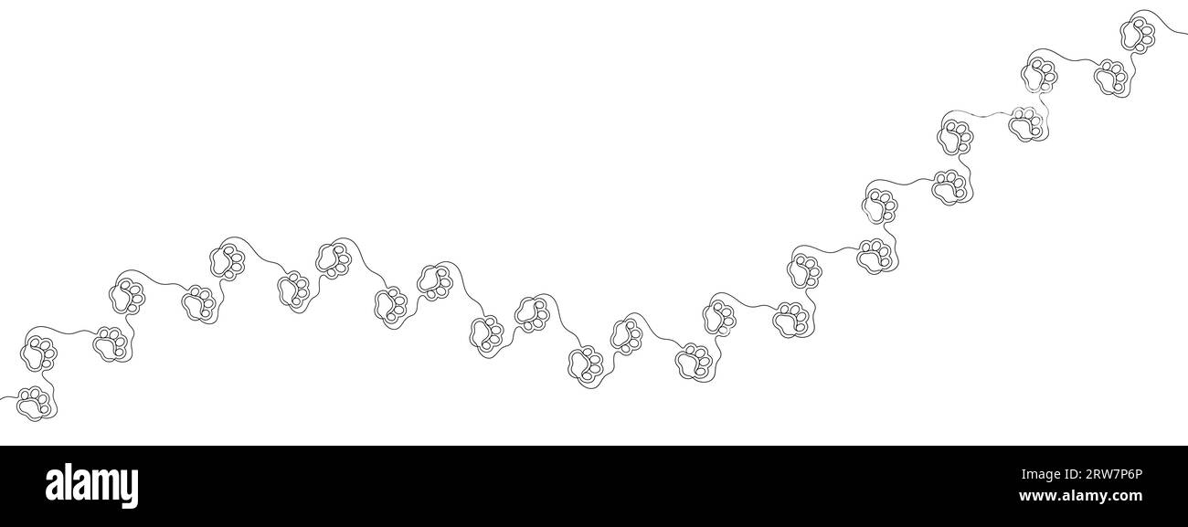 Pfote druckt. Fußabdruck Haustier, Hund, Katze. Durchgehende Linie. Schwarze Silhouette Hand gezeichneter Schritt isoliert auf weißem Hintergrund. Zeichnen einer einzelnen Kontur. Fuß Stock Vektor