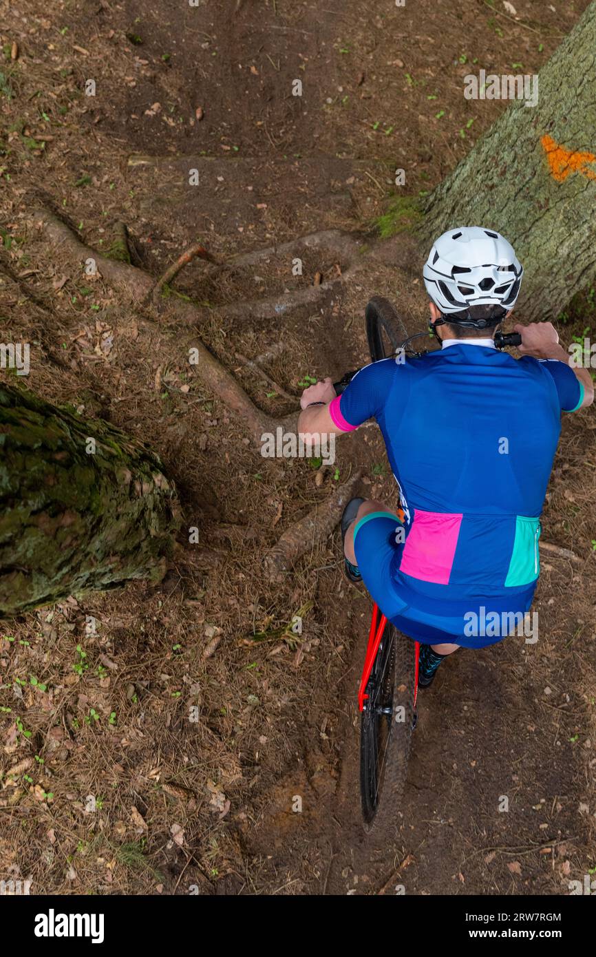 Mann, der am Sommertag mit dem Mountainbike durch ein bewaldetes Gebiet fährt. Mountainbiker steigen durch einen verbrannten Wald auf der Strecke mit Wurzeln ab Stockfoto