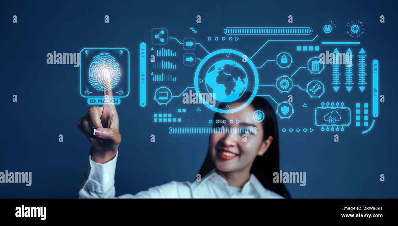 Fingerabdruck-Scan und biometrische Authentifizierung, Verarbeitung von biometrischen Daten für den Zugriff auf personenbezogene Daten Stockfoto