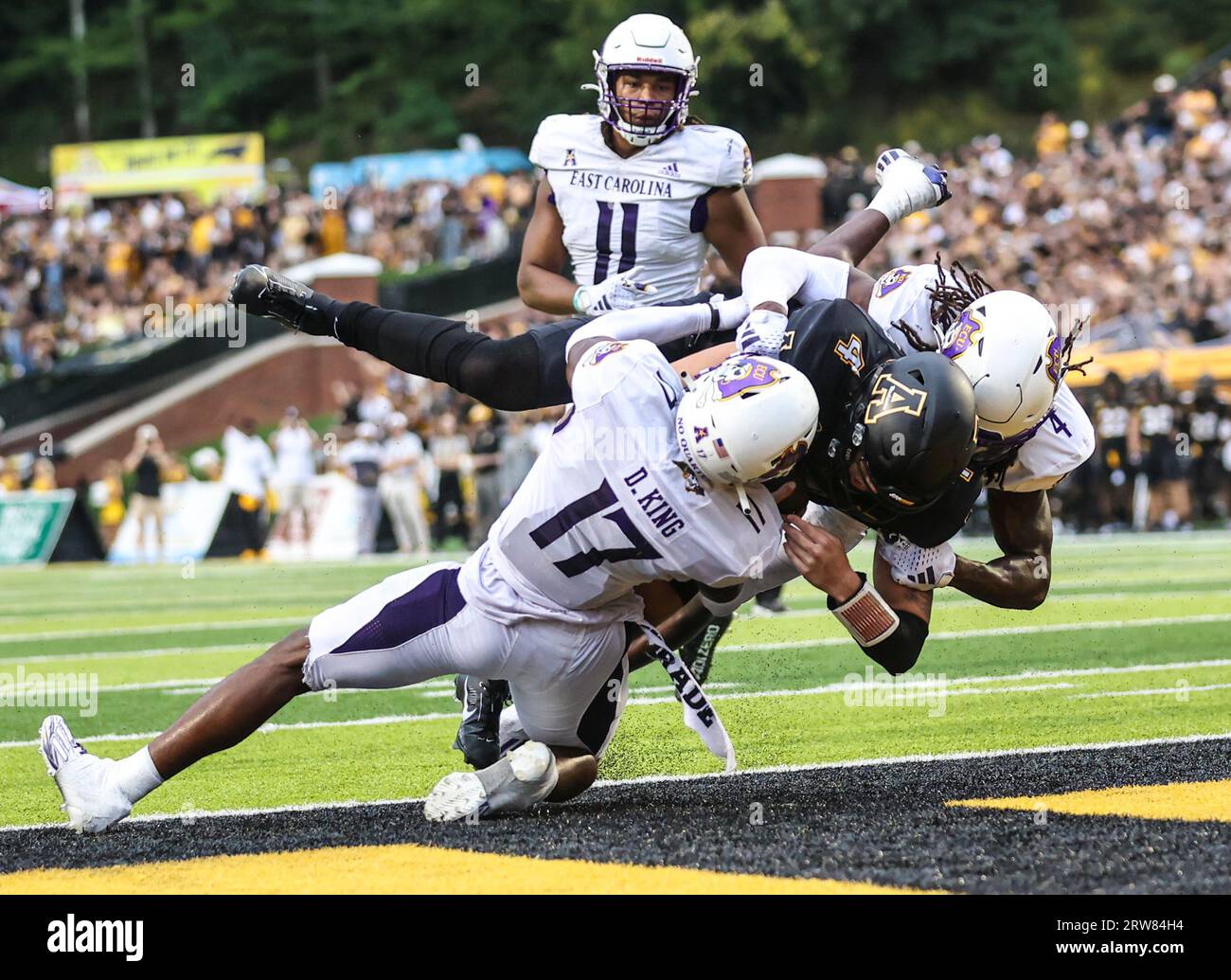 16. September 2023: Joey Aguilar (4) taucht ein, um einen Touchdown zu erzielen, während Devon King (17) und Julius Wood (4) versuchen, den Tackle zu erreichen. NCAA-Fußballspiel zwischen der East Carolina University und der Appalachian State University im Kidd Brewer Stadium in Boone, North Carolina. David Beach/CSM Stockfoto