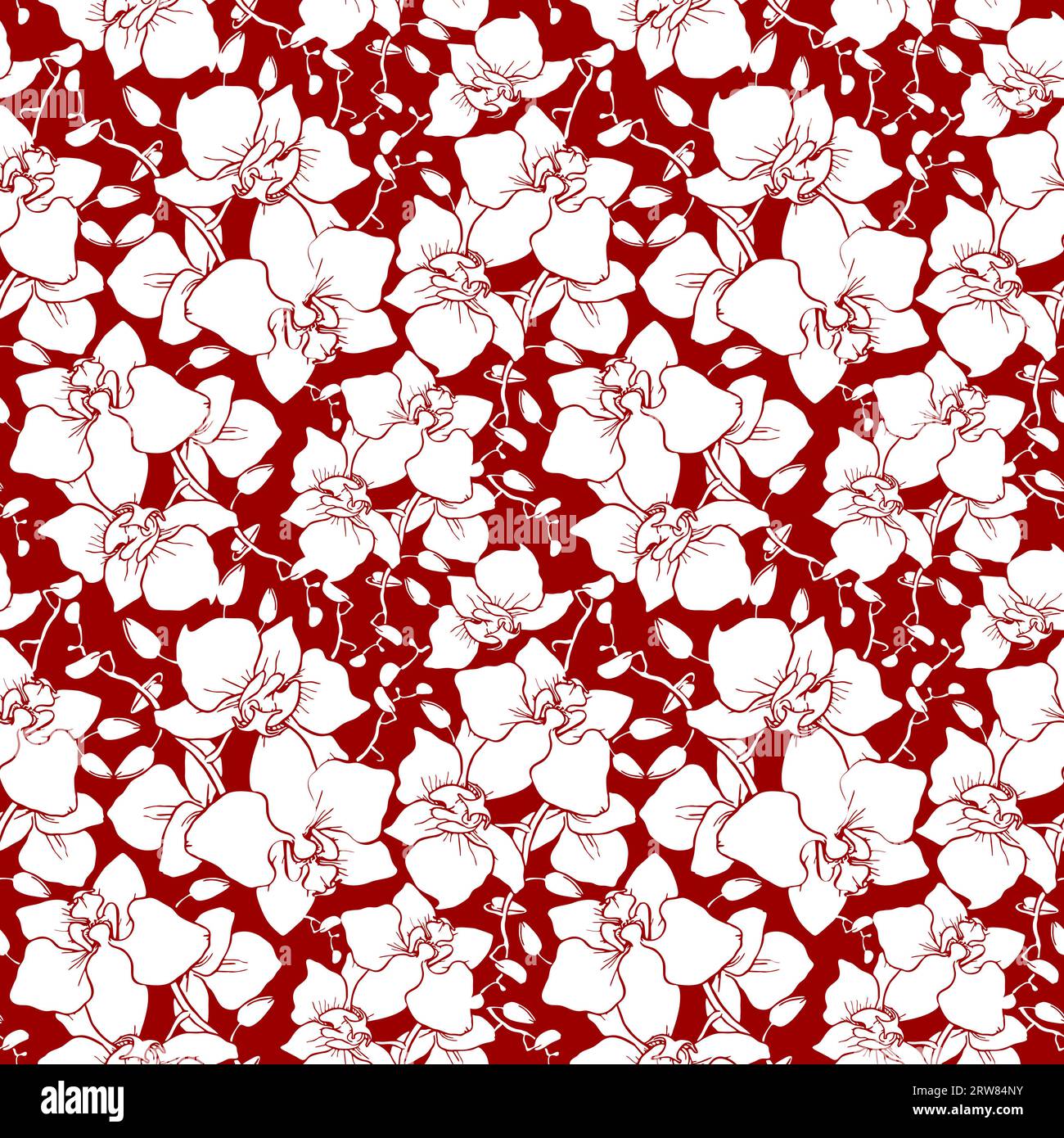 Nahtloses Muster großer weißer Orchideensilhouetten auf rotem Hintergrund, Struktur, Design Stockfoto