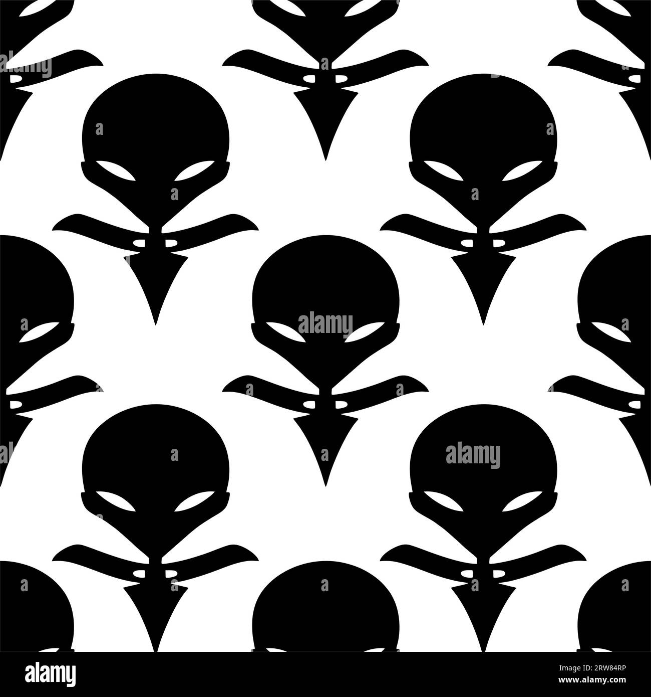 Nahtlose Muster für schwarze Aliens auf weißem Hintergrund, Textur, Design Stockfoto