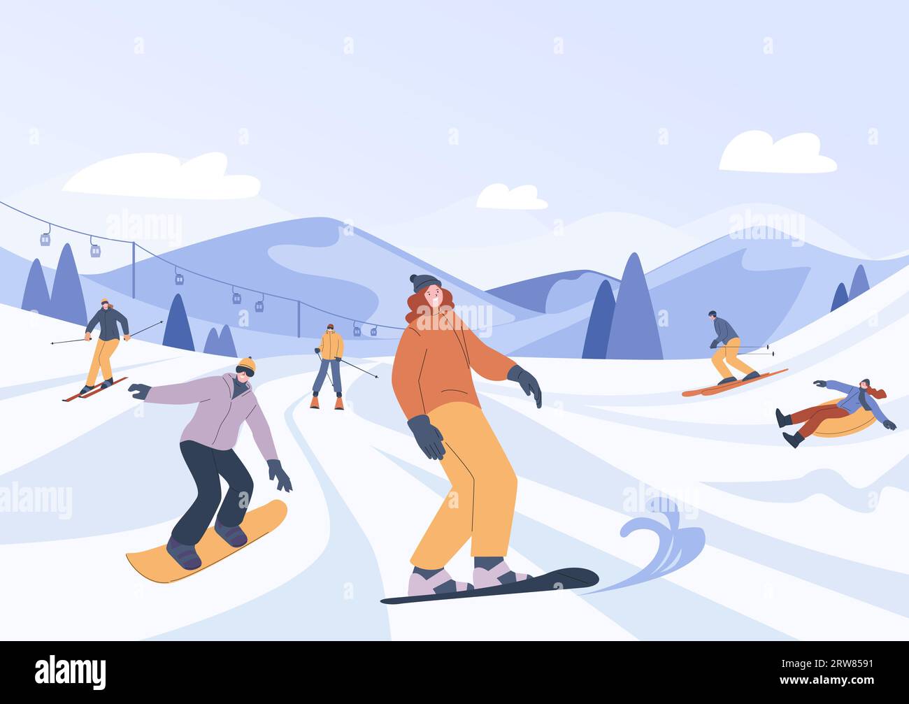Skigebiet. Snowboard Familienurlaub, Sportfreunde Skifahren und Snowboarden. Outdoor-Aktivitäten im Winter, weihnachtsreisen, schwungvolle Vektorszene Stock Vektor