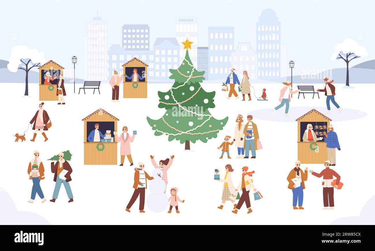 Weihnachtsmarkt. Festliches Weihnachtsmarketing, Leute laufen im verschneiten Stadtpark. Winterferien, Outdoor-Neujahrsaktivitäten schöne Vektorszene Stock Vektor