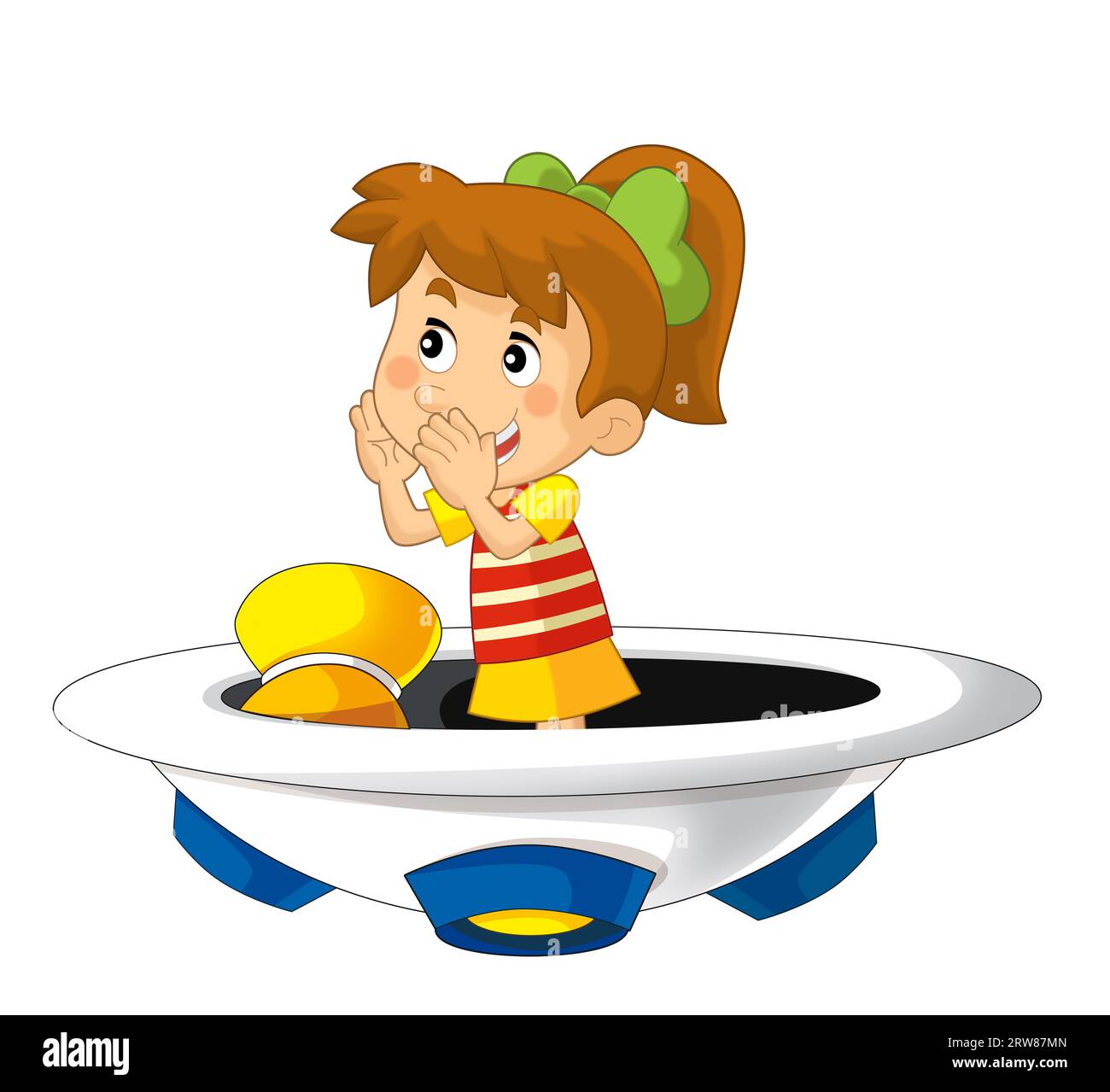 Zeichentrickkind auf einem Spielzeugspielzeugplatz, einem Raumschiff, einem Vergnügungspark oder einem Spielplatz, isolierte Illustration für Kinder Stockfoto