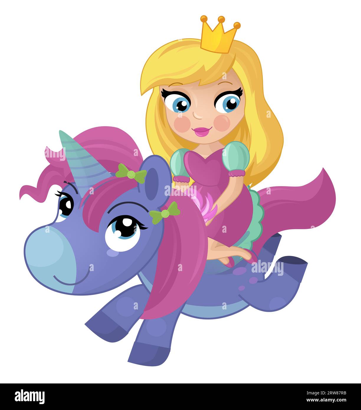 Zeichentrickszene mit Prinzessin Zauberin reitet auf fliegendem Pferd pegasus isolierte Illustration für Kinder Stockfoto
