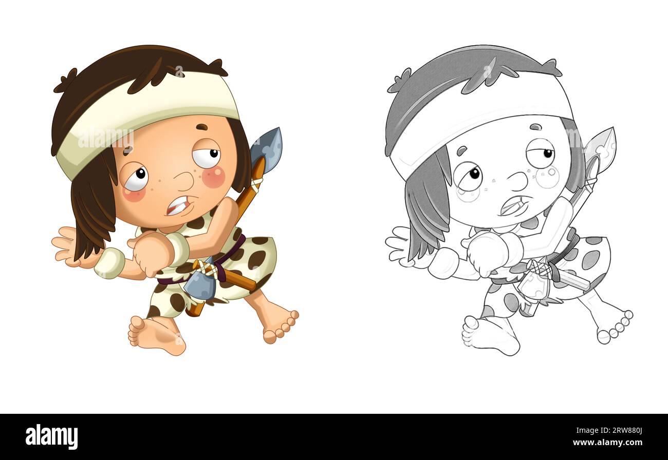 Zeichentrickskizzenszene mit glücklichem Höhlenmenschen, Barbaren, Kriegern, Jägern, Fischern, Illustration für Kinder Stockfoto