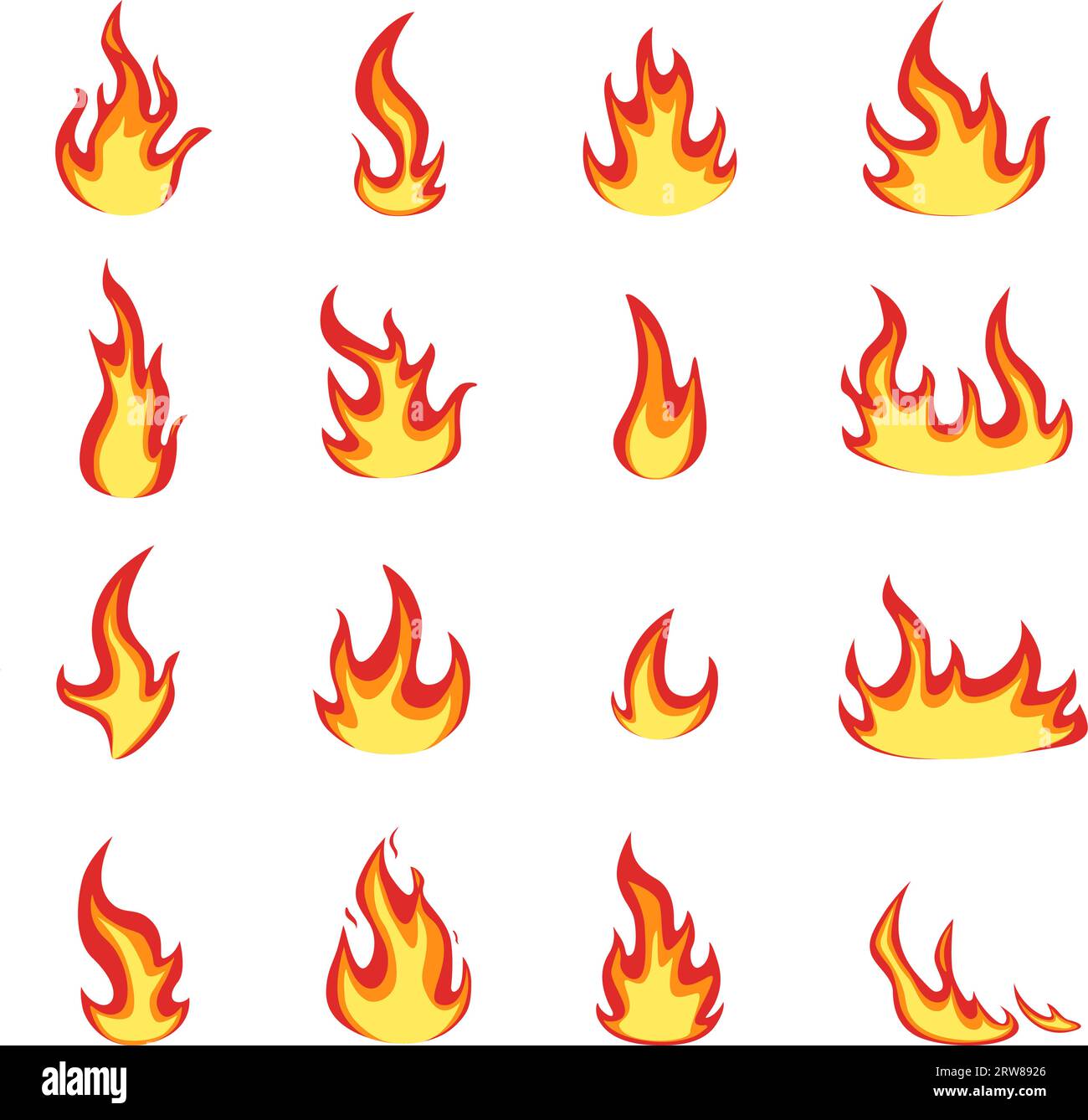 Symbole für isolierte Flammen. Comic-Flammen und Feuer-Logo, Lagerfeuer-Effekt. Warme oder heiße Symbole für Wetter, Lebensmittel, Werkzeuge und Vektorset Stock Vektor