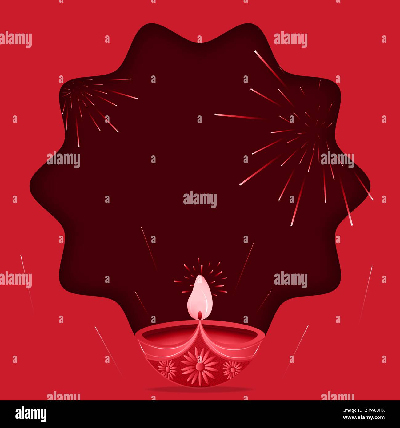 Illustration der schönen Diwali Diya mit Feuerwerkskörpern auf rotem Hintergrund. Stock Vektor