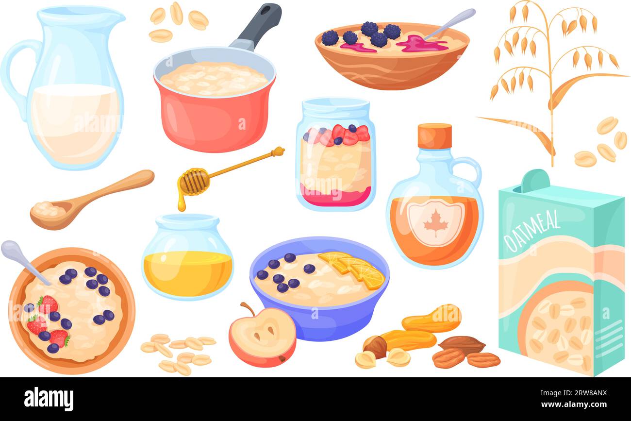 Haferflocken. Haferbrei-Box knusprige Flakes für gesundes Frühstück, Trockenhafer Reife, Getreidekörner mit Obst, Vektorillustration von Frühstückshafermehl, Rosinen und Nüssen Illustration Stock Vektor