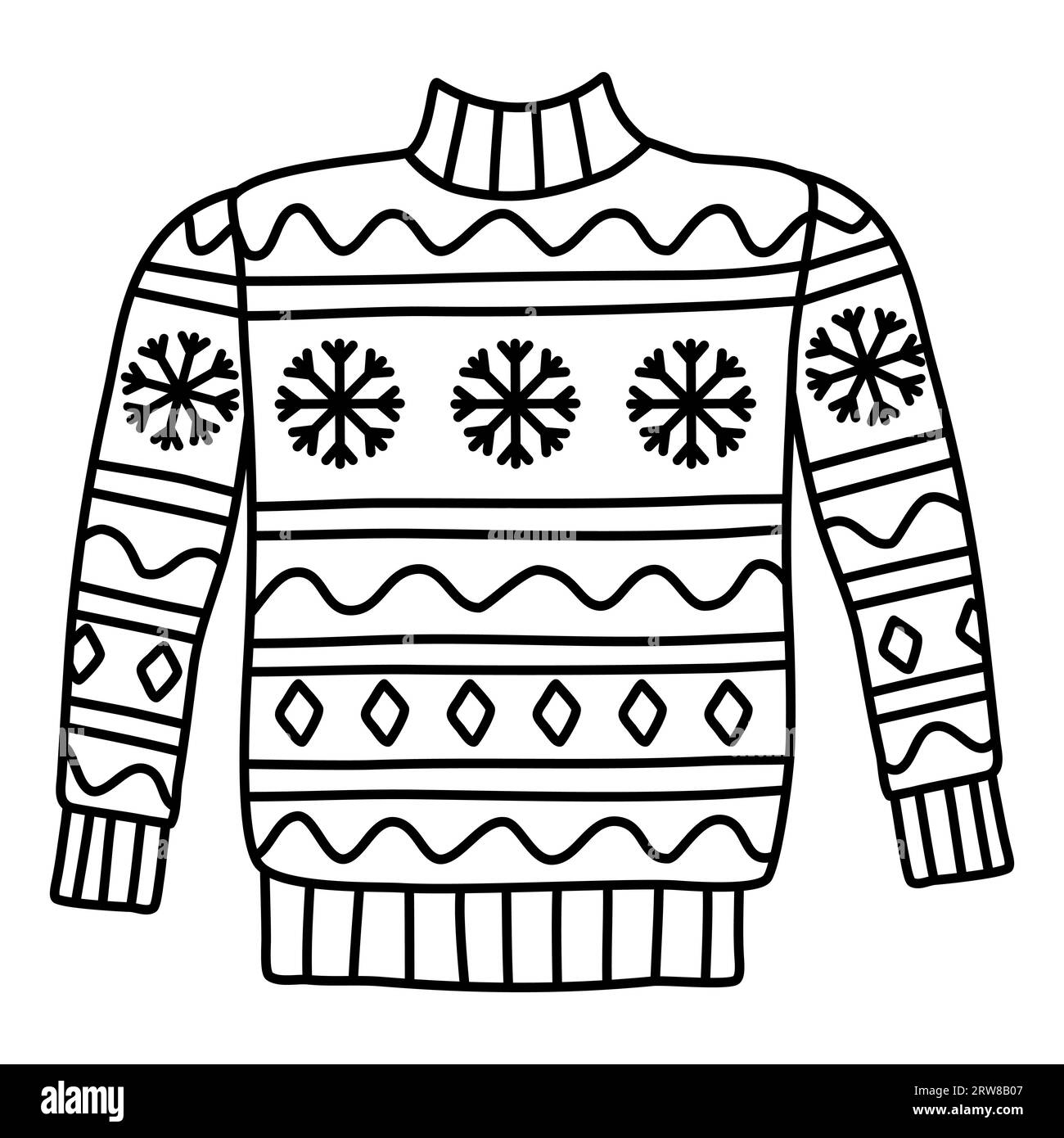 Warmer Strickpullover mit Schneeflocken und geometrischem Muster, Doodle-Stil flache Vektor-Umrissillustration für Kinder Malbuch Stock Vektor