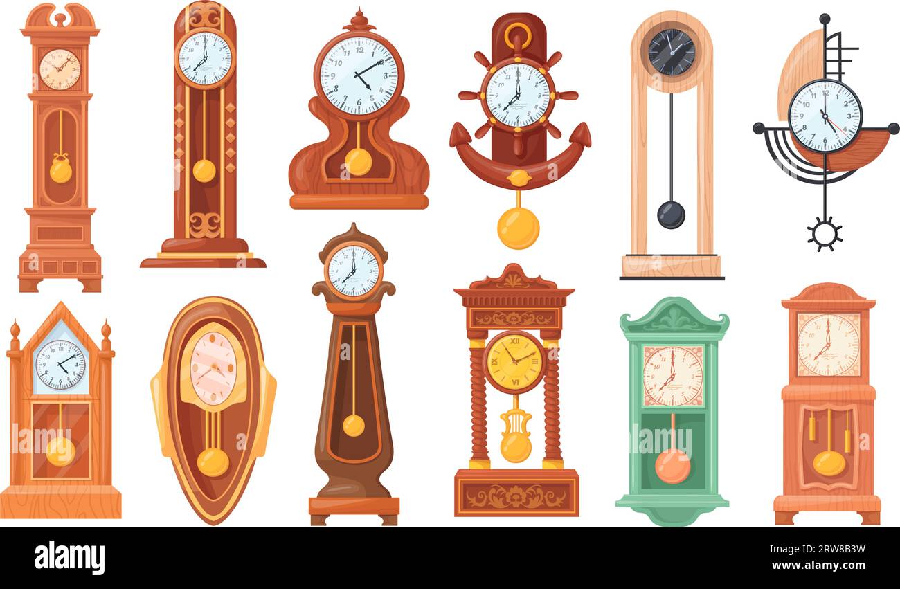 Pendeluhren. Comic antike Uhr für Großvater Wohnzimmer Wand, elegante alte Uhr Holz Vintage Kuckucksuhren, Präzisionsuhr-Gesicht historische Zeit sauber Vektor-Illustration der antiken Uhr Stock Vektor