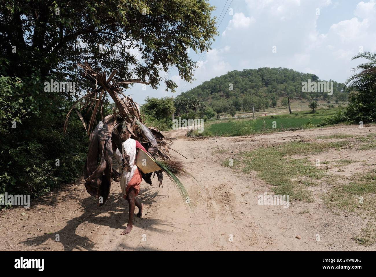 Adibasi protestiert gegen "illegale Steinminen", die in Kasipur, Purulia, erneut geplatzt sind. An einem abgelegenen Ort in Kashipur wurde der Stamm der Adibasi mit ihren Haushaltswaffen als Zeichen des stärksten Protests versammelt. Danach begann die Steinbergbaufirma ohne Rücksprache mit den Dorfbewohnern unter ihrem Kultberg Machan Pahar den illegalen Bergbau. Sie sagten auch, dass die meisten Dorfbewohner allein auf diesen Hügel angewiesen sind, um Viehfutter und Holz für das tägliche Leben zu sammeln. (Foto: Swattik Jana/Pacific Press/SIPA USA) Stockfoto