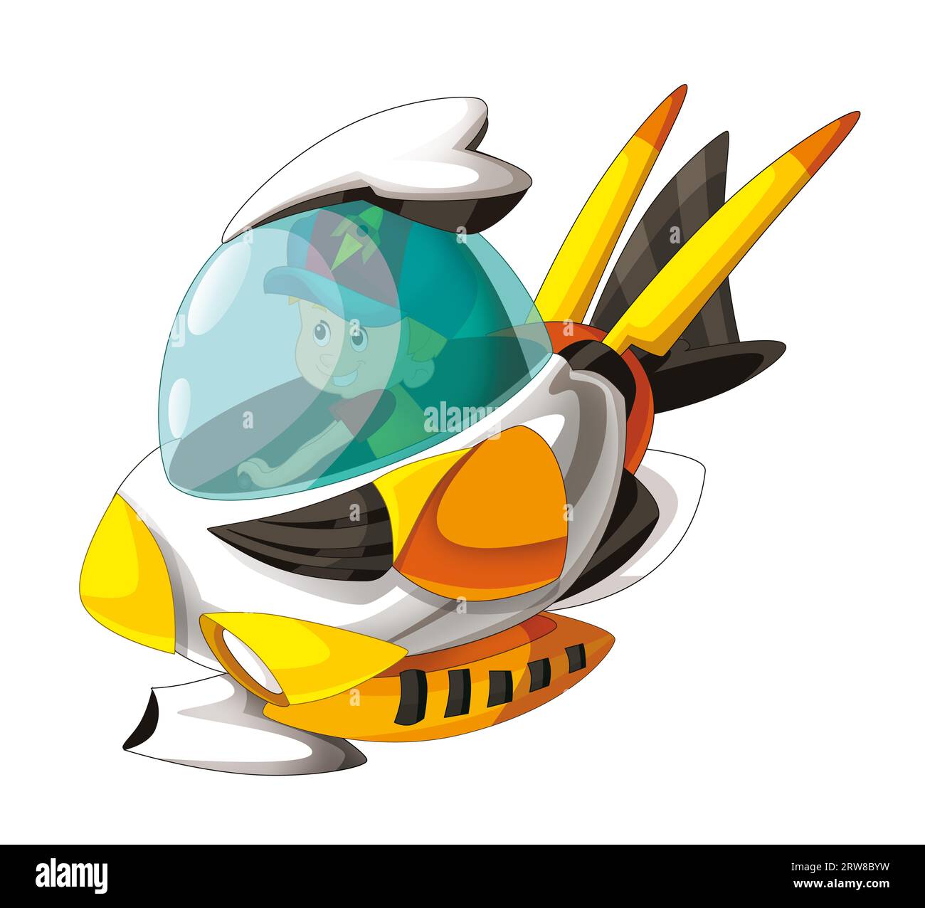 Zeichentrickkind auf einem Spielzeugspielzeugplatz, einem Raumschiff, einem Vergnügungspark oder einem Spielplatz, isolierte Illustration für Kinder Stockfoto