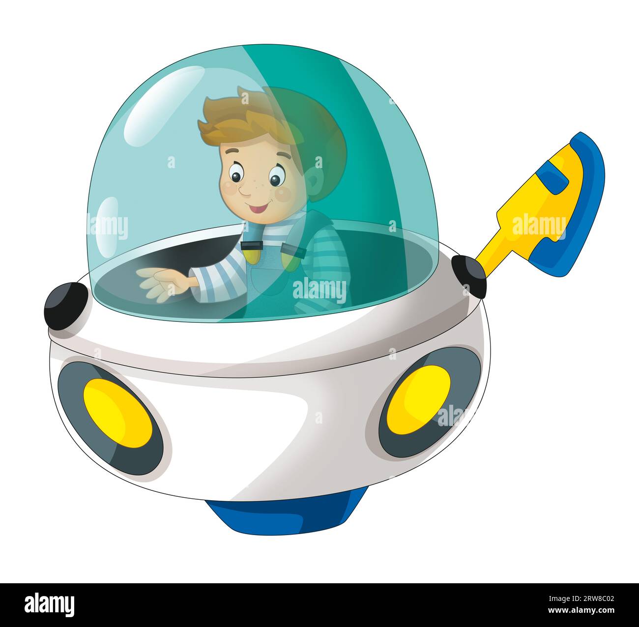 Zeichentrickkind auf einem Spielzeugspielzeugplatz, einem Raumschiff, einem Vergnügungspark oder einem Spielplatz, isolierte Illustration für Kinder Stockfoto