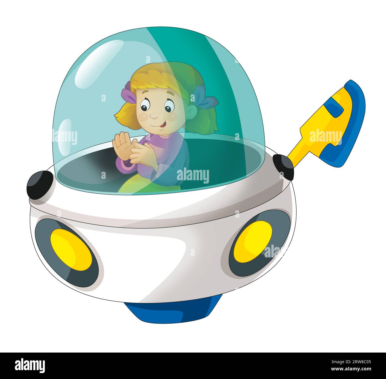 Zeichentrickkind auf einem Spielzeugspielzeugplatz, einem Raumschiff, einem Vergnügungspark oder einem Spielplatz, isolierte Illustration für Kinder Stockfoto