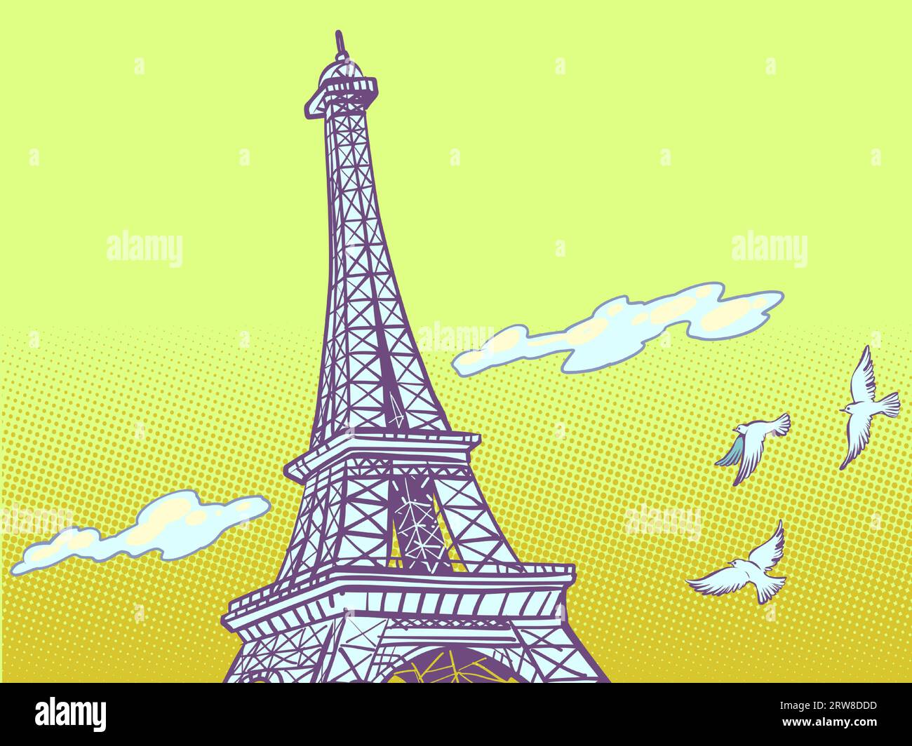 Die wichtigsten Sehenswürdigkeiten Frankreichs. Eine unvergessliche Reise nach Paris. Der Eiffelturm steht gegen den Himmel. Stock Vektor