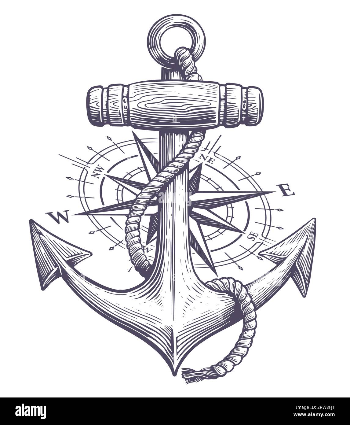 Anker mit Seil und nautischem Kompass in Gravur gezeichnet. Skizze Vintage Vektor Illustration Stock Vektor