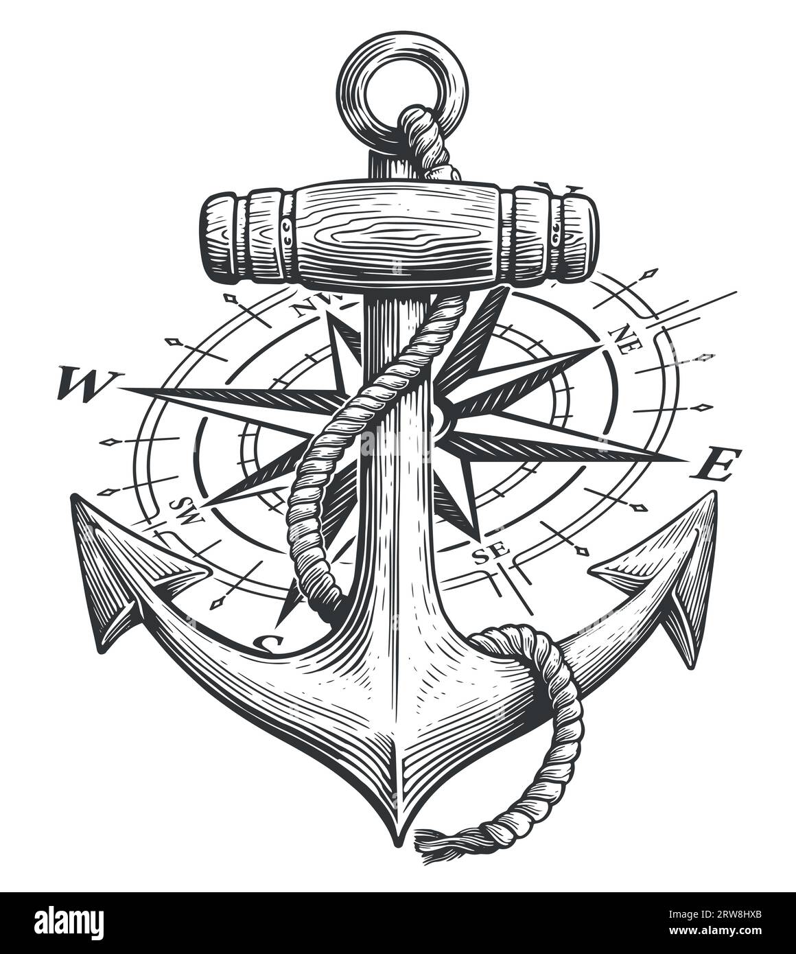 Kompass, Rose of Wind und Anker mit Seil im Vintage-Stil. Marine Emblem Vektor Illustration Stock Vektor