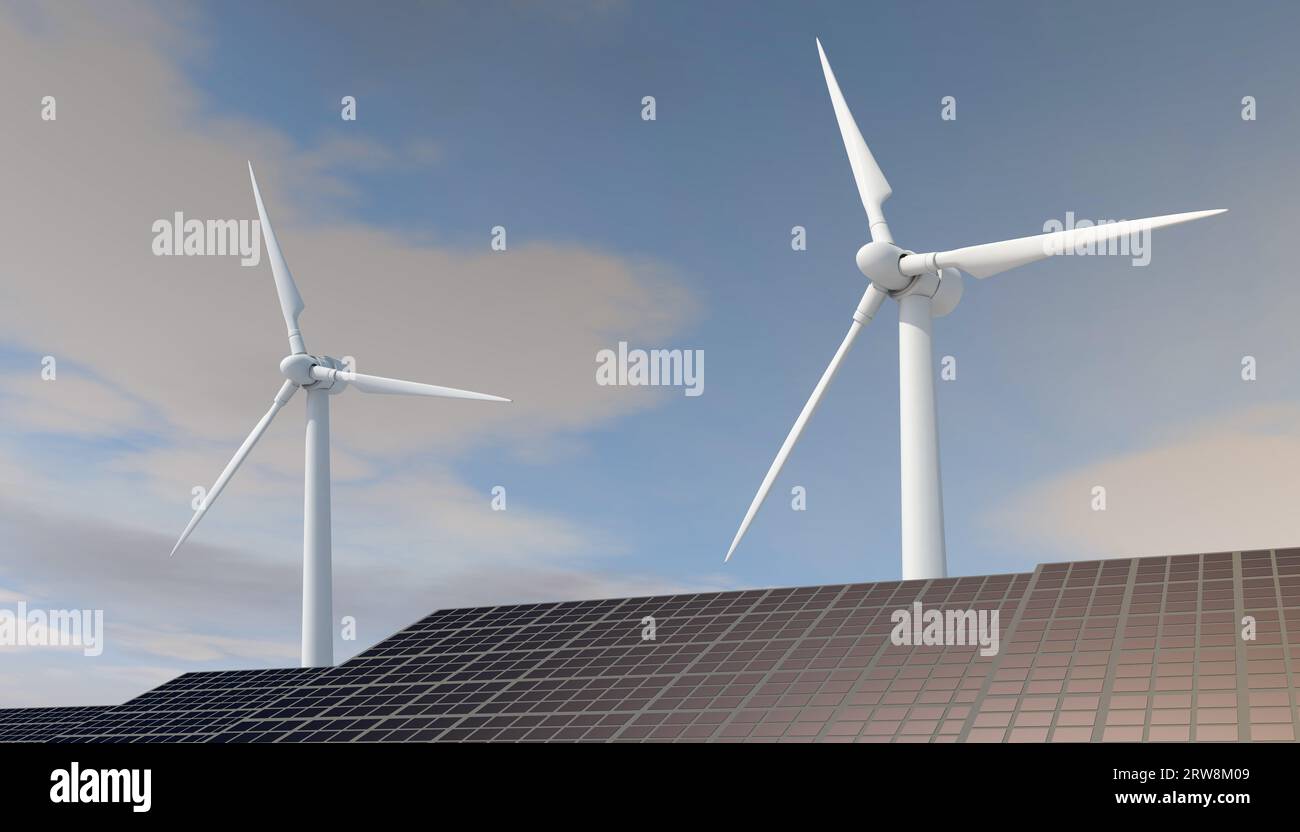 Solarpaneele und Windturbinen in Kraftwerken am blauen Himmel Alternative erneuerbare Energie aus der Natur. Stockfoto