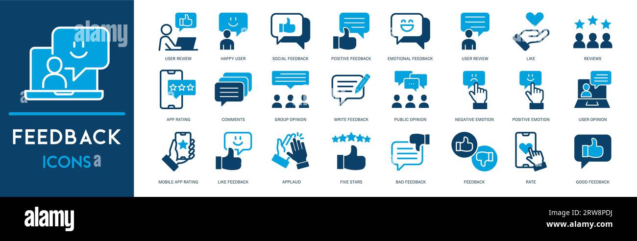 Sammlung Von Symbolen Für Die Feedback-Gliederung. Thin Line Set enthält Symbole wie Bewertung, Kundenmeinungen, schnelle Reaktion, Zufriedenheit und mehr. Einfache Websymbole Stock Vektor