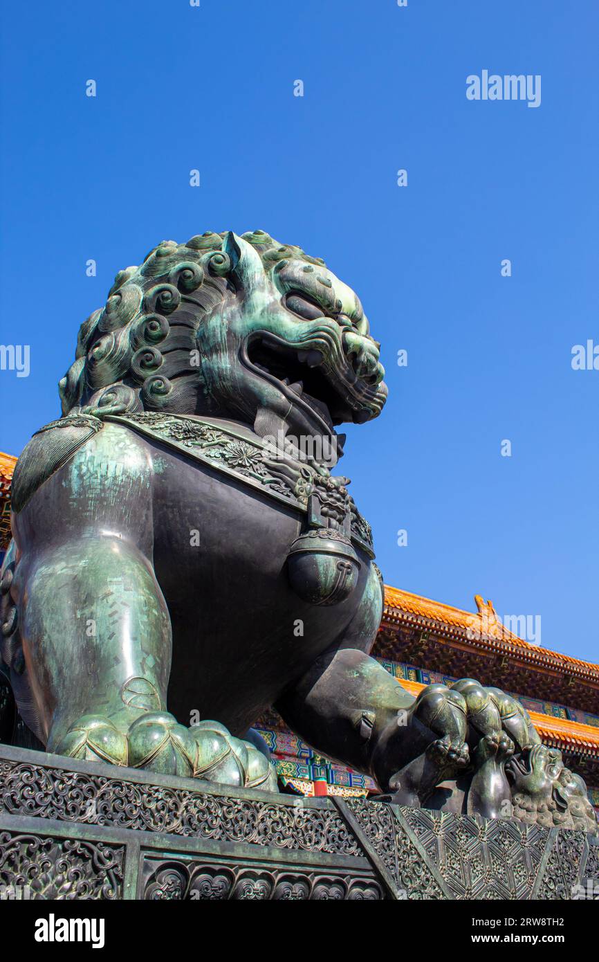 Chinesischer Schutzlöwe, Verbotene Stadt, Peking, China. Vertikales Bild mit blauem Himmel und Kopierraum für Text, Ansicht von unten Stockfoto Chinesischer Schutzlöwe, Verbotene Stadt, Peking, China. Vertikales Bild mit blauem Himmel und Kopierraum für Text, Ansicht von unten Stockfoto