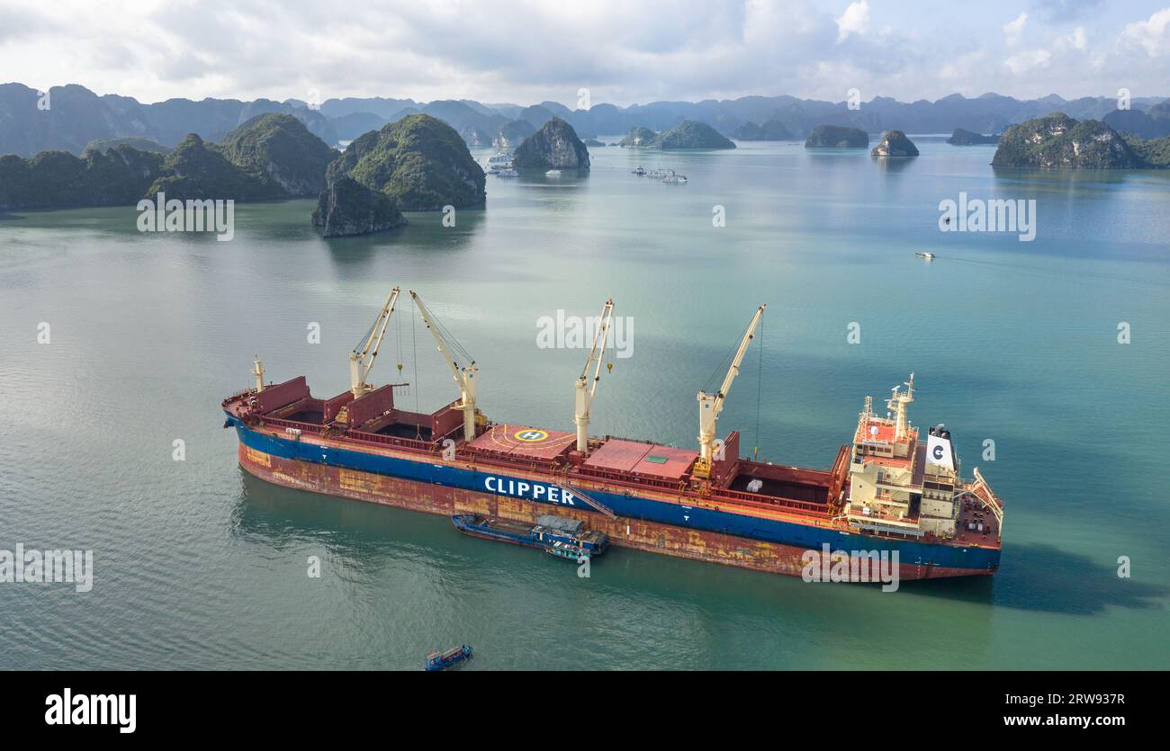 Das Massengutschiff Clipper Kythira ankerte in der Halong-Bucht (Hạ Long), Vietnam, und entlädt Fracht in lokale Frachtschiffe zwischen touristischen Kalksteinklippen Stockfoto