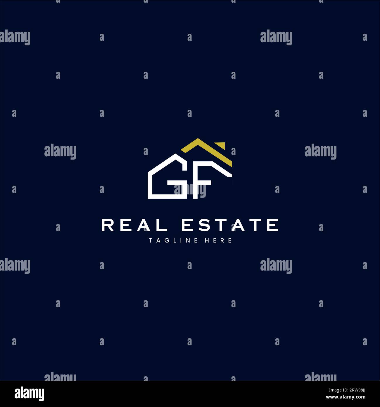 Modernes GF Letter Immobilien-Logo in linearem Stil mit schlichtem Dachgebäude in Blau Stock Vektor