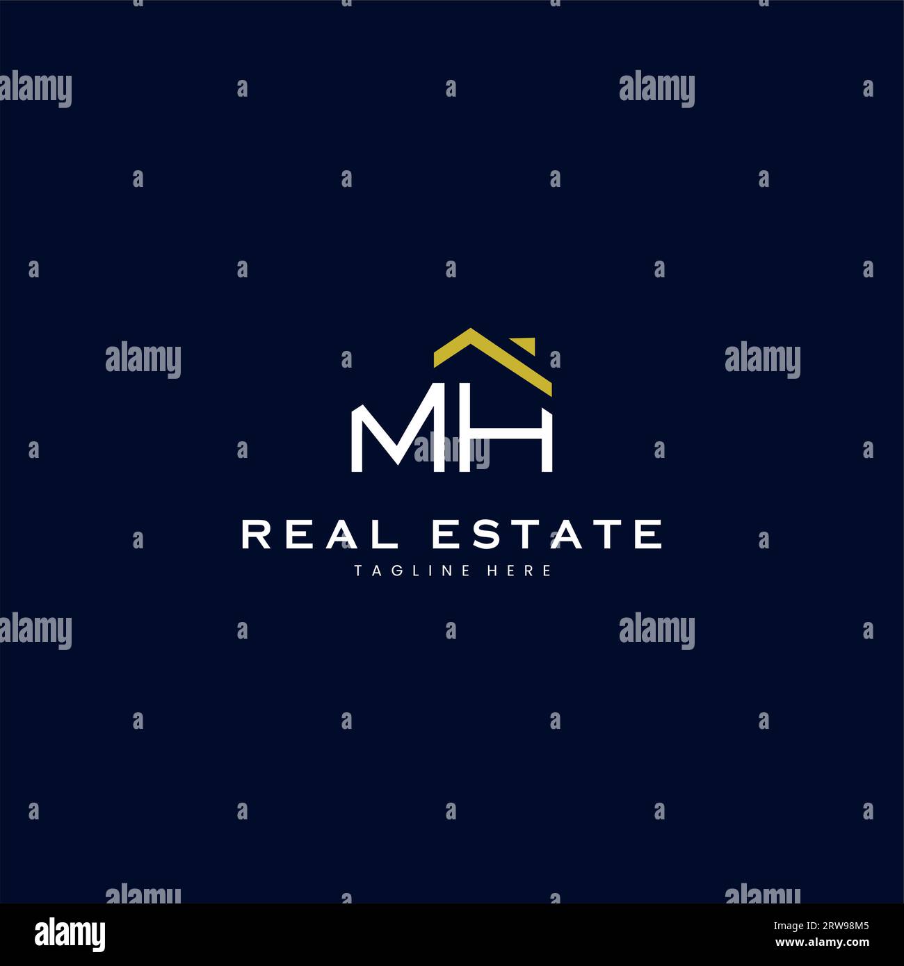Modernes Immobilienlogo mit MH-Buchstaben in linearem Stil mit schlichtem Dachgebäude in Blau Stock Vektor
