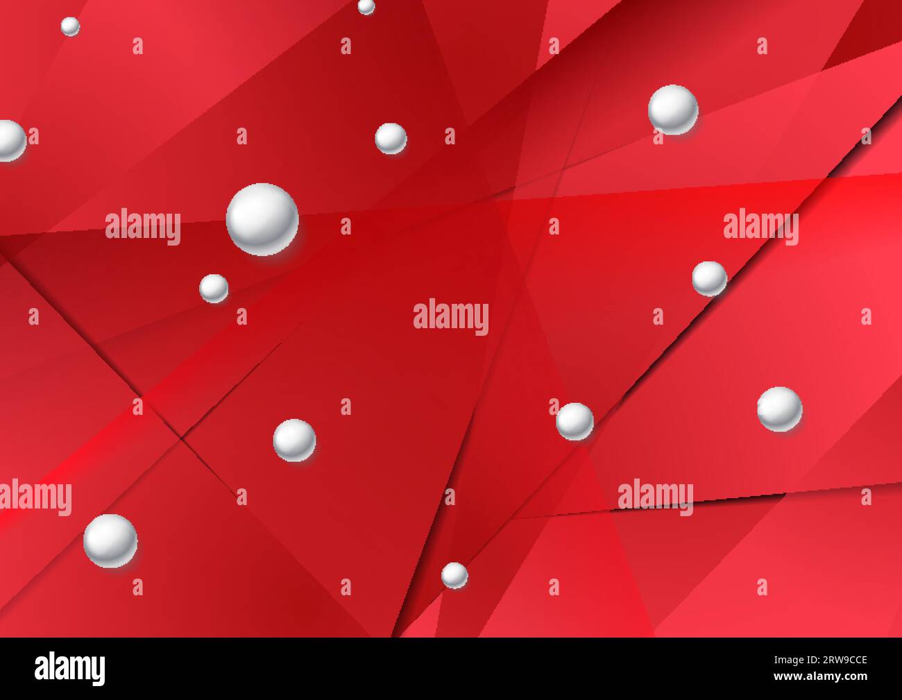 Helles rotes, flaches Poly-Grafikdesign mit kreisförmigen Perlen. Geometrische glänzende 3D-Kugeln. Abstrakter polygonaler technischer Hintergrund. Vektorillustration Stock Vektor