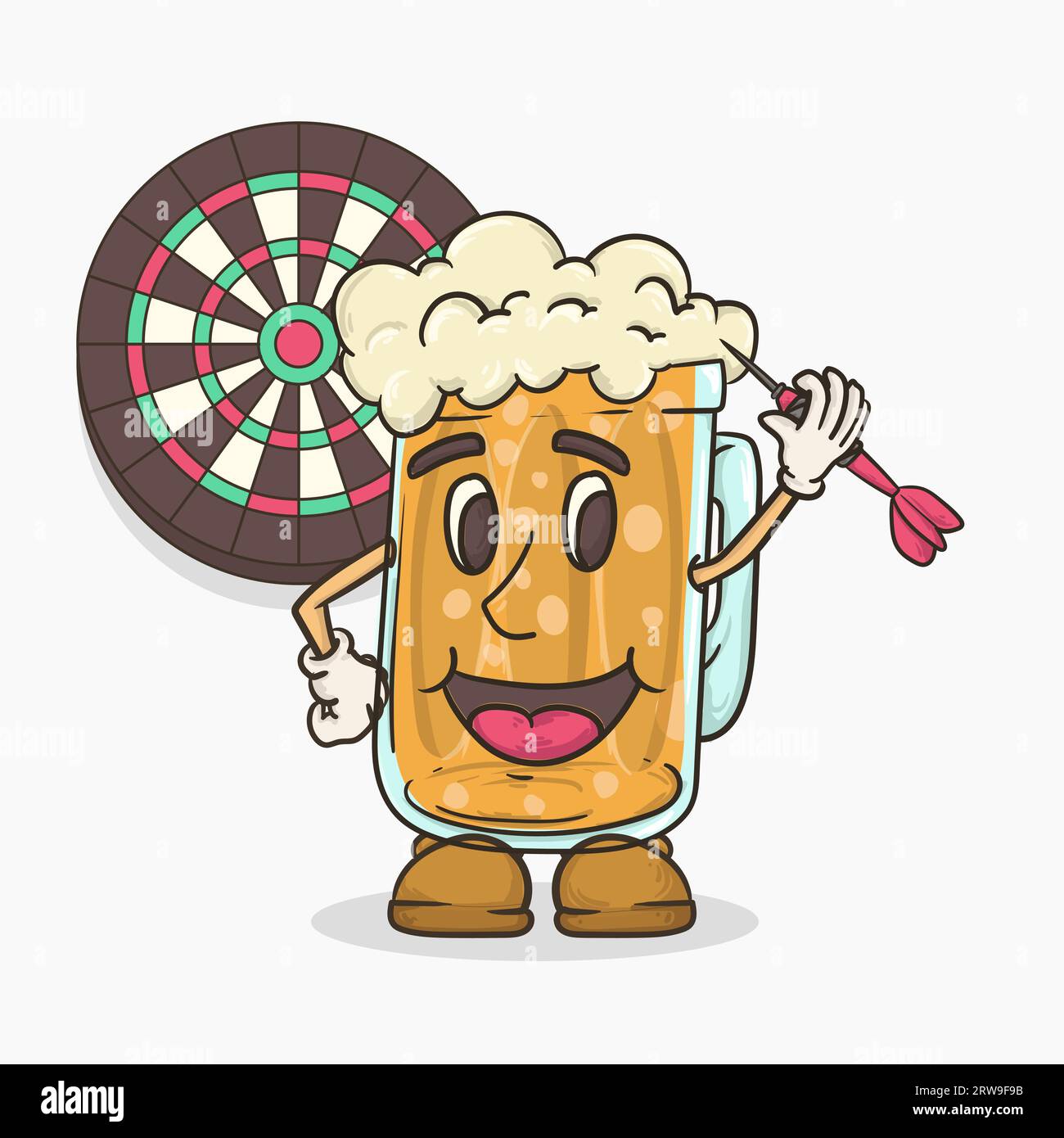 Bierglas mit Gesichtsmaskottchen, das Dart-Spiel-Vektor-Illustration spielt Stock Vektor